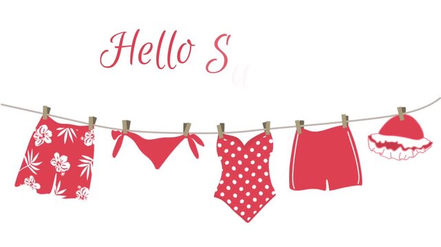 Hello Summer Animation. Red Swimsuits, Swimming Trunks Hanging on Clotheslines. Beautiful Swim Wear Dry on Clothespins After Swimming. Text Hello Summer. Summer Video in Red Colors