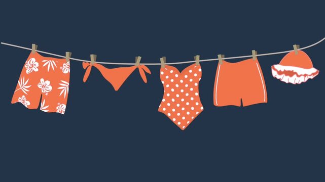 Hello Summer Animation. Orange Swimsuits, Swimming Trunks Hanging on Clotheslines. Beautiful Swim Wear Dry on Clothespins After Swimming. Summer Video in Orange White Colors on Dark Blue