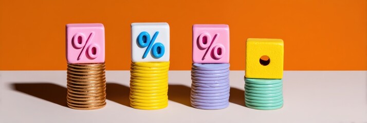 Percentage symbols on stacks of coins representing interest rate growth for financial investment, savings strategy, and retirement planning with copy space
