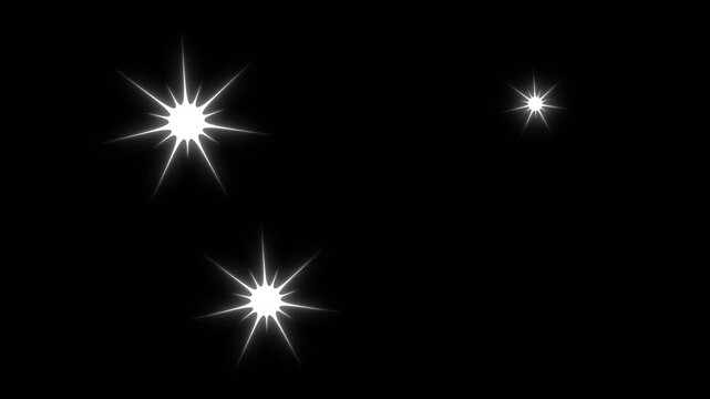 Sparkle twinkle glitter star effect animation in 4K seamless loop, white doodle cartoon blinking stars, soft festive motion design with transparent alpha background and unique black background.4k