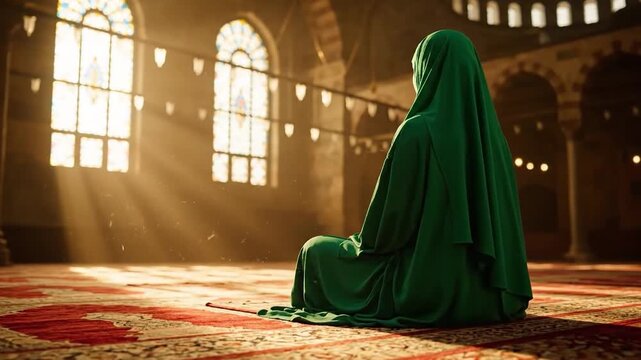 A Muslim woman in a green hijab sits on a prayer mat in a serene mosque with sunlight streaming through large windows, conveying a peaceful atmosphere during a moment of contemplation.