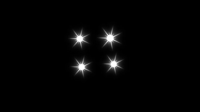 Sparkle twinkle glitter star effect animation in 4K seamless loop, white doodle cartoon blinking stars, soft festive motion design with transparent alpha background and unique black background.4k