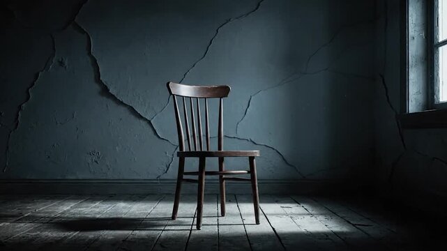 Empty Wooden Chair in a Dark, Abandoned Room with Cracked Walls and Window Light.