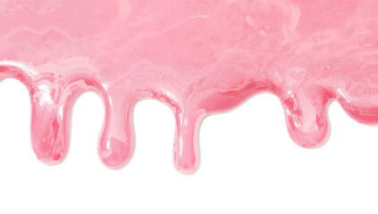 Vibrant pink liquid with a glossy sheen melting and dripping elegantly downwards, creating a sweet, flowing, and delicious texture on a clean white background