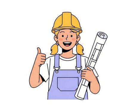 Cheerful female construction worker in protective gear gives a thumbs up gesture while holding rolled plans