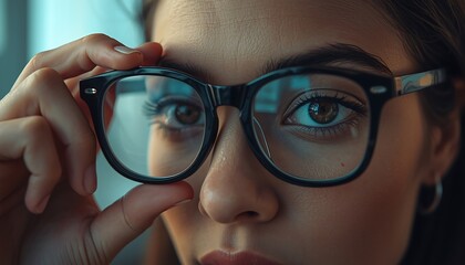 Fototapeta premium A beautiful young woman adjusts her stylish black framed glasses, showing her focused and intelligent eyes.