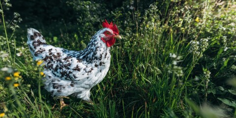Speckled Hen Walking Through Lush Green Grass at Sunset for Sustainable Agriculture Advertising Background with Golden Hour Glow and Peaceful Farm Life Atmosphere