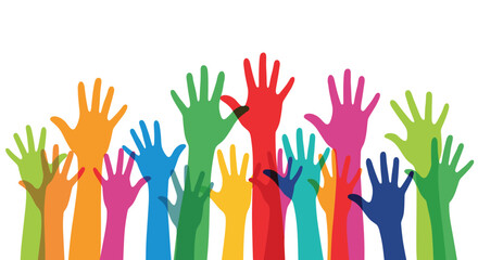 Graphic illustration of many colorful hands raised high together representing community diversity and solidarity.