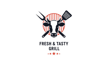 Obraz premium Logo for a grill restaurant featuring a cow head silhouette in front of a red striped sun with crossed grilling tools like a fork and spatula.