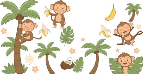 Cute kawaii monkey character set climbing palm trees eating bananas and hiding in jungle leaves for tropical nursery decor. © Ahmed Sahid