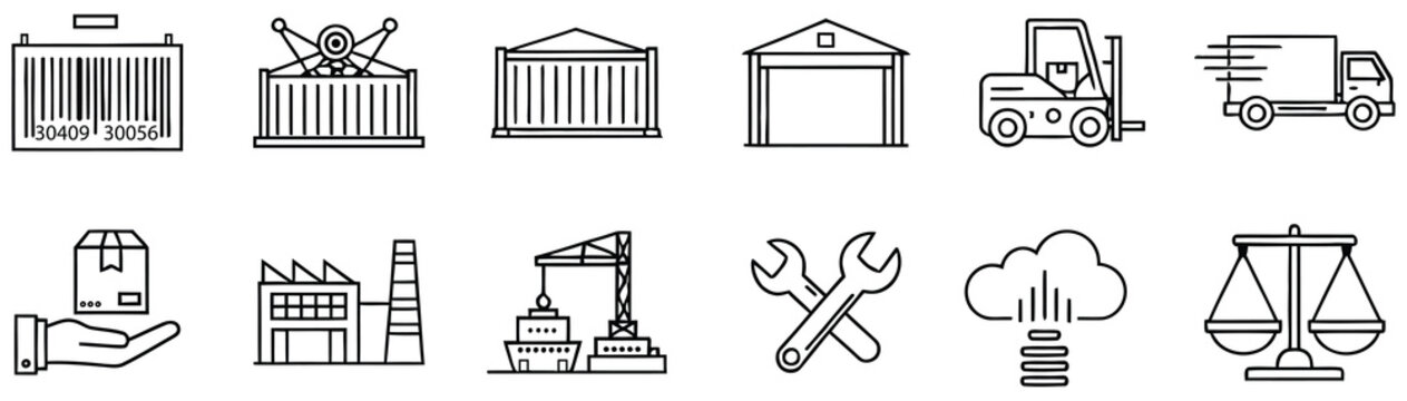 Collection of black and white line art icons for logistics and industry barcode shipping