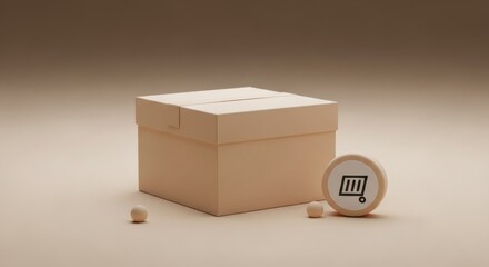 Fototapeta premium Plain beige cardboard box next to a shopping cart icon, symbolizing delivery and online shopping.