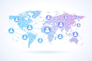 Obraz premium Global Social Network and Worldwide Digital Communication Map Technology Concept