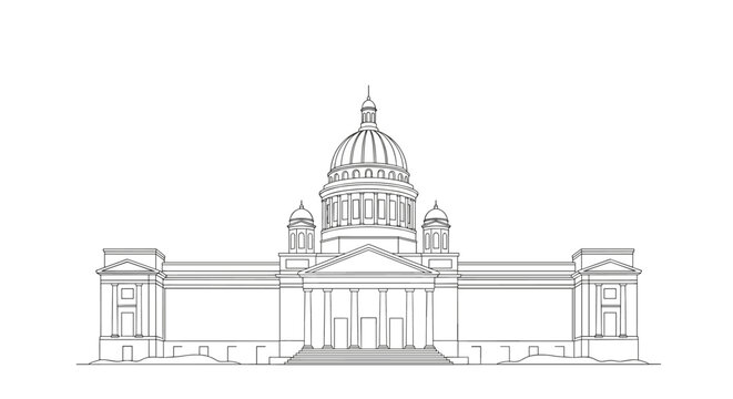 Detailed line art drawing of a large classical cathedral building with a prominent central dome and smaller side towers on white background.