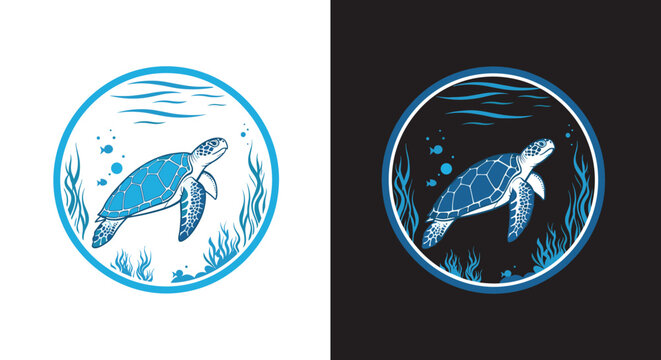 Circular emblem designs featuring a sea turtle swimming underwater among seaweed, shown in both light and dark color schemes.