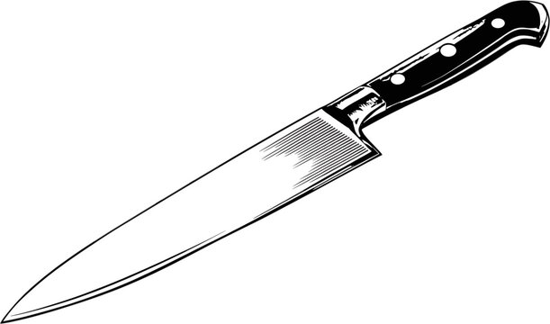 black and white vector graphic of a sharp chef's knife, a simple design, isolated on a white background