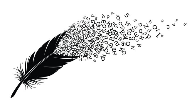 Creative illustration of a black feather dissolving into a cloud of floating letters from the english alphabet.