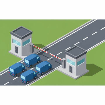 Toll Booth with Trucks and Barrier.