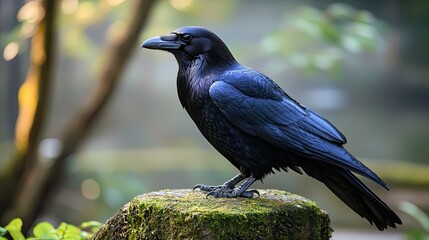 Fototapeta premium A black crow perched on a moss-covered stone in a forest setting.