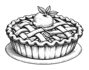 Black and white drawing of an apple pie with lattice crust