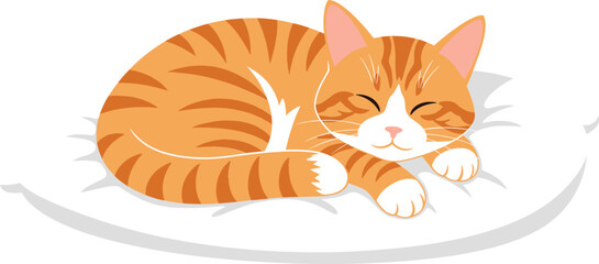 Cute ginger tabby cat sleeping peacefully on a white cushion pillow domestic kitten resting flat cartoon vector illustration