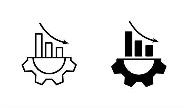 Minimal line icon set. depicting decreasing bar chart with downward arrow on a gear, representing business slowdown, performance decline, or reduced productivity.