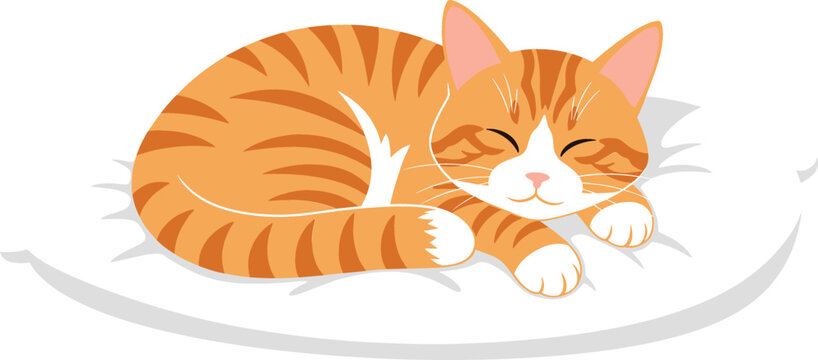 Cute ginger tabby cat sleeping peacefully on a white cushion pillow domestic kitten resting flat cartoon vector illustration