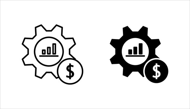Minimal line icon illustrating business growth and financial management, featuring a gear with an upward bar chart and dollar symbol. Ideal for concepts of economics, profit optimization, strategy, pr