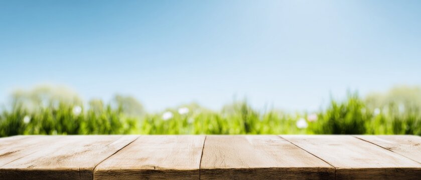Empty wooden table surface in a sunny spring garden with blurred green grass and blue sky background for organic product placement and advertising copy space