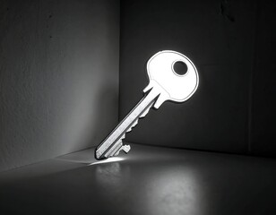 Black and white image of a glowing key in a dark corner
