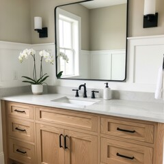 Fototapeta premium Bathroom Vanity with Modern Mirror and Orchid Arrangement.