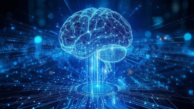 Neural network technology concept showing a luminous wireframe human brain connected to digital circuits, representing artificial intelligence, deep learning, and advanced data processing.