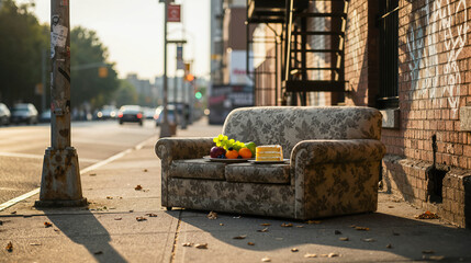Surreal living room sofa placed on urban sidewalk with cake and fresh fruit creating contrast between home comfort and city street life concept