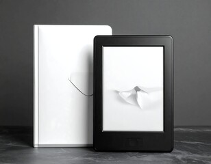 Black e-reader next to a white book on a dark surface