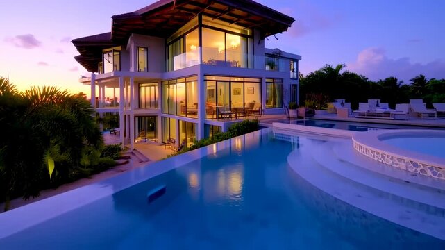 Luxury Villa at Sunset: Modern Architecture, Infinity Pool, Tropical Paradise
