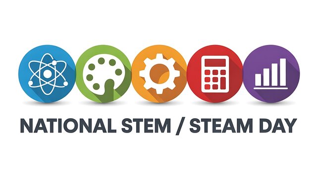 Colorful icons and text celebrate National STEM and STEAM Day for education and innovation