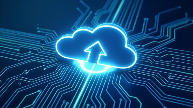 Cloud upload technology illustration with glowing cloud icon and upward arrow integrated into digital circuit lines, representing fast data upload, cloud storage, and modern network infrastructure.