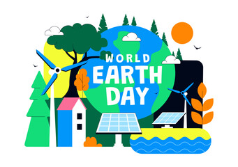 Naklejka premium World Earth Day Vector Illustration April 22 Featuring Global Map With Plants And Trees For Environmental Greening Awareness Flat Cartoon Background