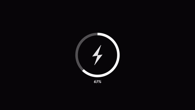  Battery full fast charging animation on black background. , screen call phone display charging battery, battery charge level animation in 4K animation with Alpha channel.