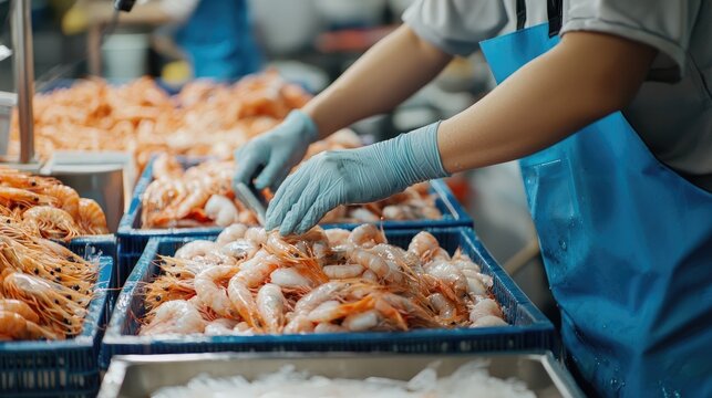 A worker in a seafood processing facility, sorting and handling fresh shrimp.