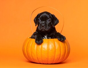 Black puppy peering out from inside a large orange pumpkin