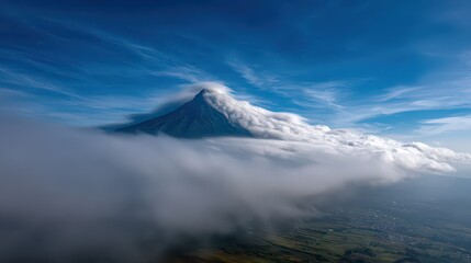 Aerial View of Green Mountain Peak Partly Obscured by White Clouds Under Blue Sky with Scattered Villages in Forested Valley