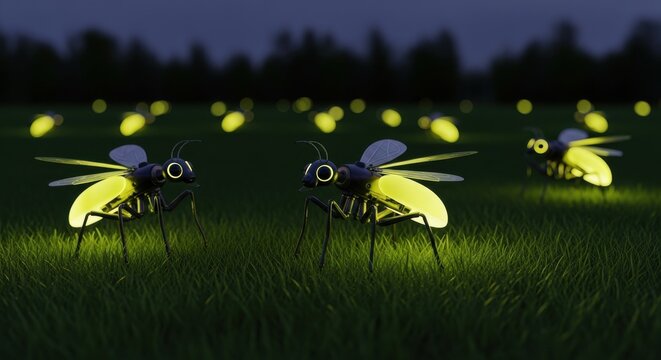 Bioluminescent fireflies illuminating a serene nighttime field with glowing lights