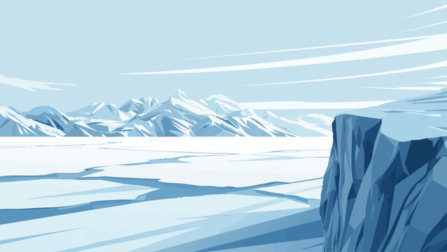 A stylized, pale blue illustration depicts a frozen arctic landscape with mountains.