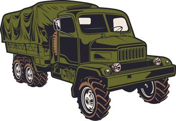 An old green military 4x4 army truck vehicle isolated on white background for heavy off-road transport and armored war transportation © Ashik
