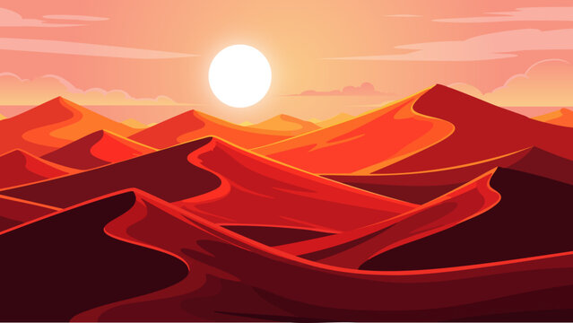 A vibrant desert landscape with rolling dunes illuminated by a glowing sun.