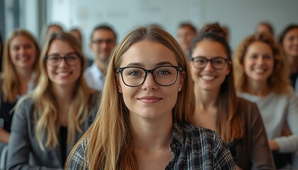 Fototapeta premium A diverse group of young professionals and students smile warmly while attending a conference or educational seminar.