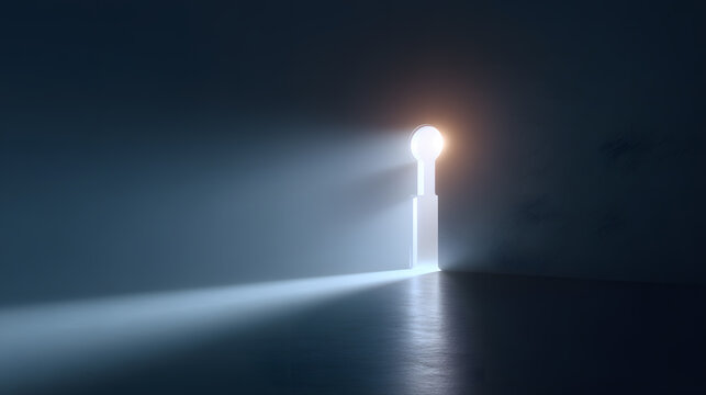 Illuminating Vision: A symbolic keyhole glows brilliantly, casting a radiant beam of light within a darkened space, representing enlightenment and new beginnings.