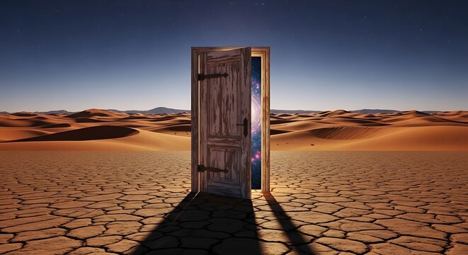 Surreal open wooden door in a desert landscape leading to a galaxy space dimension.