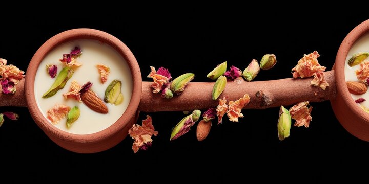 Traditional Thandai Beverage in Clay Cups with Nuts and Rose Petals for Festive Celebration Background, Top View Sweet Milk Drink for Social Media Content and Menu Design